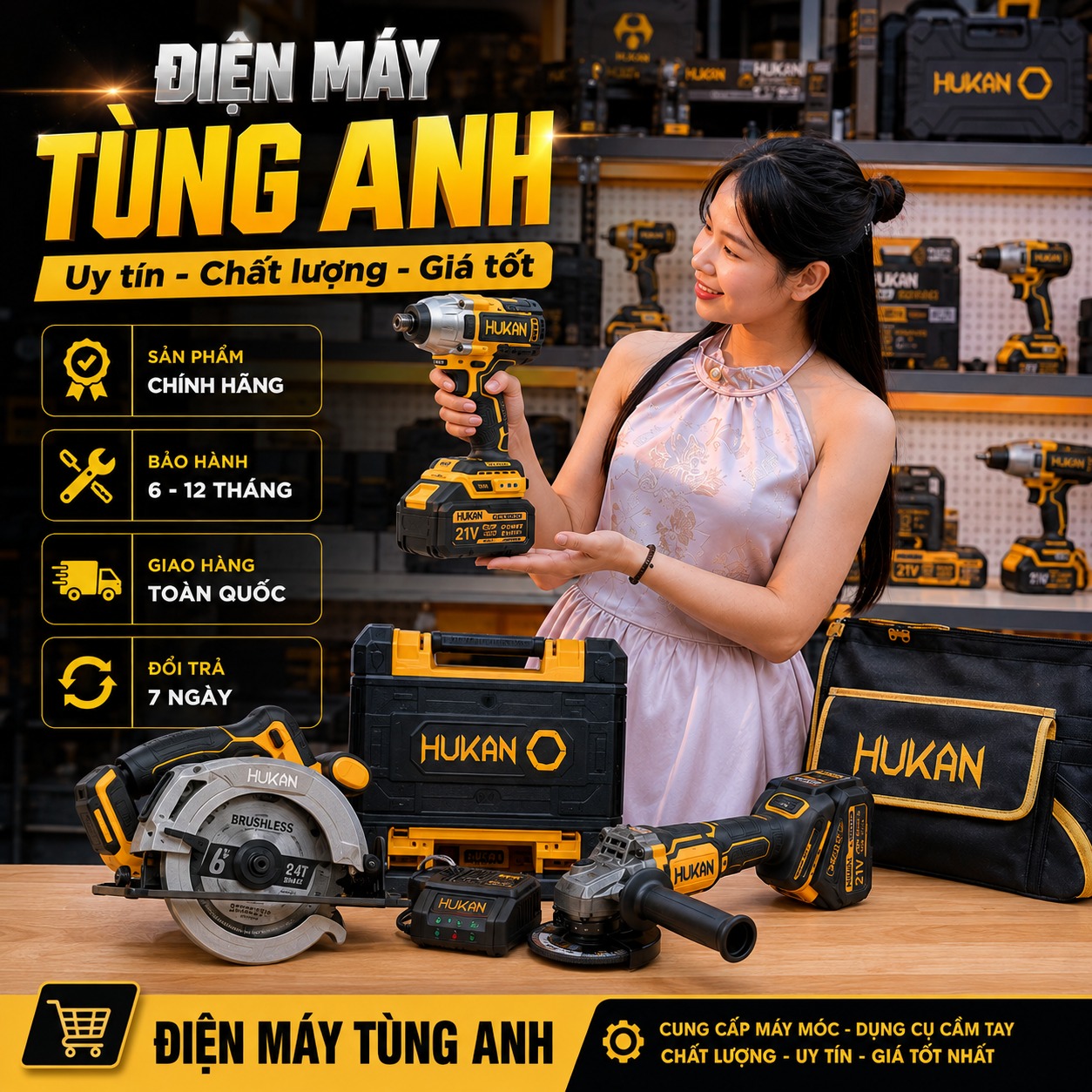 Điện Máy Tùng Anh: uy tín, chất lượng, giá tốt. Máy khoan, máy mài, máy cưa HUKAN, bảo hành 6–12 tháng, giao hàng toàn quốc, đổi trả 7 ngày